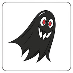 A cartoonish black ghost with red eyes hovers against a pure white backdrop