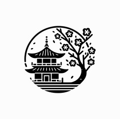 Obraz premium Minimalist Black Vector Logo of Korean Temple with Cherry Blossom Tree Isolated on White Background