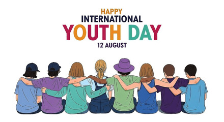 Happy international youth day august 12th celebration with diverse group of friends sitting together in unity