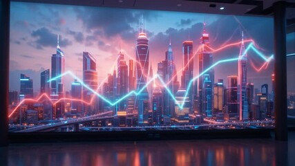 A high-tech digital bar graph display featuring glowing futuristic skyscrapers symbolizes data analysis, business metrics, and economic trends. 4k video - Powered by Adobe