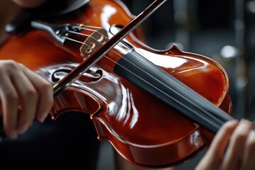 Fototapeta premium Violin performance during a concert in a lively indoor setting on a summer evening
