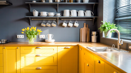 A modern kitchen interior with a bold two-tone color scheme