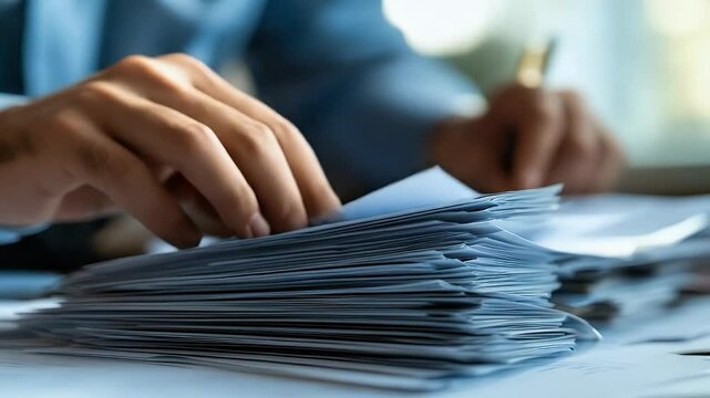 Hands sort through a large stack of white paper on a table, documents piled high