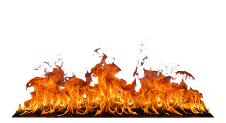 Roaring horizontal orange and yellow flames with clear contours, dancing sparks, and light smoke, isolated on a clean white background with no shadows, studio lighting, concept of intense energy and