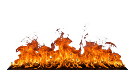 Roaring horizontal orange and yellow flames with clear contours, dancing sparks, and light smoke, isolated on a clean white background with no shadows, studio lighting, concept of intense energy and