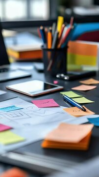 Close-up shows a chaotic desk with papers, pens, devices, and colorful sticky notes