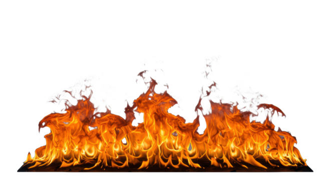 Roaring horizontal orange and yellow flames with clear contours, dancing sparks, and light smoke, isolated on a clean white background with no shadows, studio lighting, concept of intense energy and