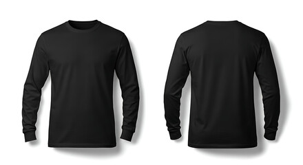 Black long sleeve tshirt front and back view isolated on white background