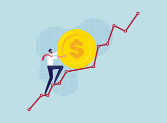 Investing earning profit concept, businessman rolling up dollar coin on stock market chart, entrepreneur drives funds upward on a growing chart