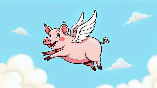 A visual metaphor of &ldquo;when pigs fly&rdquo; &mdash; a flying pig with wings soaring above clouds in a humorous cartoon style.

