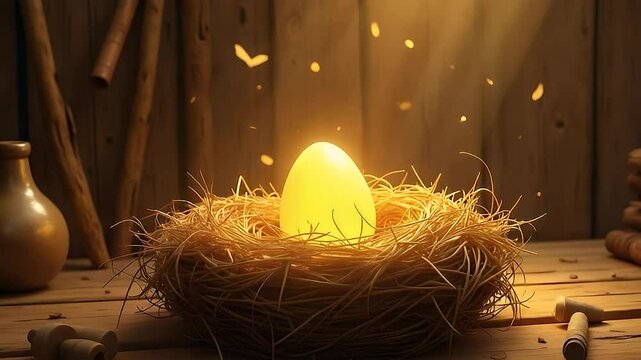 An golden goose nest with one glowing egg, set in a barn background inspired by The Goose That Laid the Golden Eggs.
