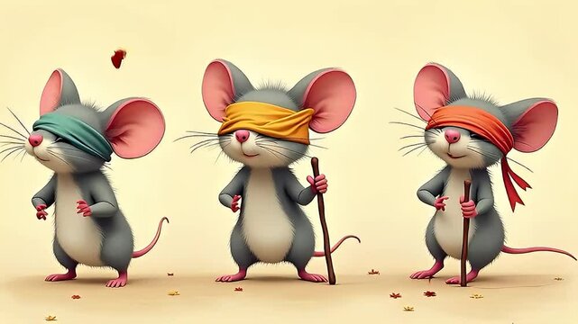 Three blindfolded mice with walking sticks marching in a line with exaggerated expressions, inspired by the idiom &ldquo;Three Blind Mice.&rdquo;
