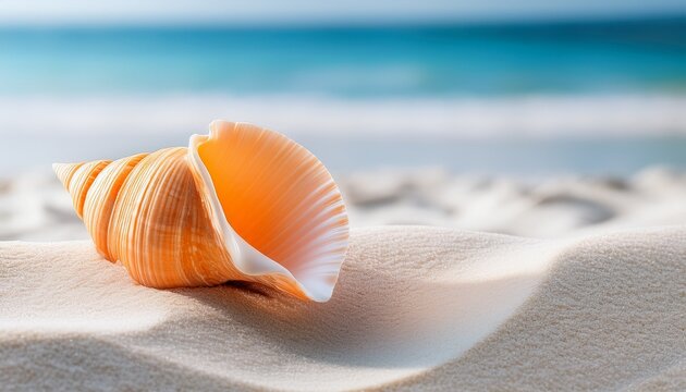 pale orange seashell rests on white sand evoking tranquility by sea