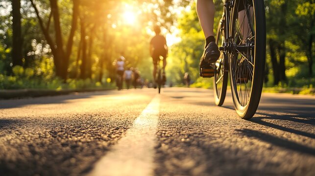 Cyclists ride along a dedicated bicycle lane in an eco-friendly city surrounded by trees and clean air.
