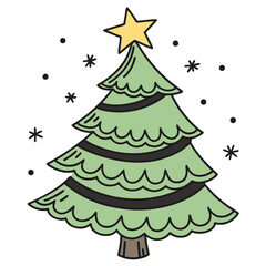 Hand drawn Christmas tree with a yellow star and falling snow on transparent background