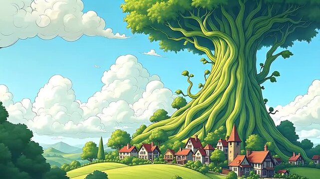A hand-drawn giant beanstalk rising into the clouds with tiny houses below, inspired by Jack and the Beanstalk.
 - Powered by Adobe