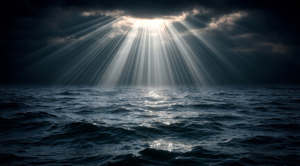 A lone figure stands in the middle of an endless ocean, staring up at an enormous beam of light shining down from the sky.