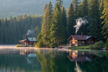 Fototapeta premium Beautiful two story contemporary house on a lake with balcony and scenic windows, Luxury houses built beside lake with docks and little beaches among the trees, Triangular Modern Lake House At Fall