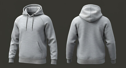 Grey heather hooded sweatshirt with front and back view on dark background