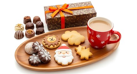 Christmas Treats: Festive Cookies, Chocolates, Gift, and Hot Drink on Wooden Tray; Cheerful Holiday Mood; Studio Shot.