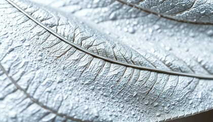 Macro Photography of a Silver Leaf with Water Droplets Showing Detailed Veins