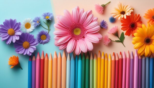 colorful crayons and vibrant flowers arranged on pastel background