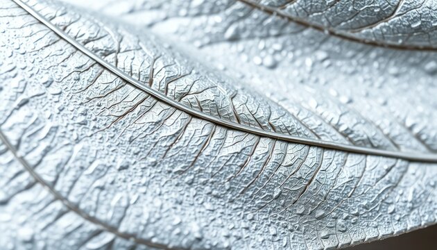 Macro Photography of a Silver Leaf with Water Droplets Showing Detailed Veins