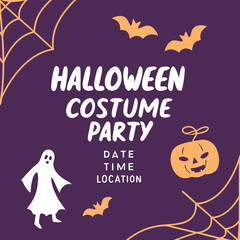Spooky halloween costume party invitation with ghost bats pumpkin and spiderwebs on purple background for festive celebrations