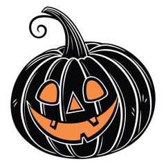 Smiling black pumpkin with orange face details stands out on a white background