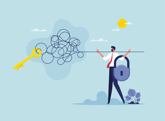 Find way out of difficult situation or solution to problem concept, find key to solve problem, secret key to achieve heights in business, businessman finds the right key