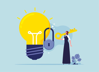 Intellectual property concept, copyright reserved or product trademark, businesswoman standing with key and light bulb idea locked with padlock for patents