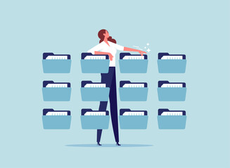 Organize files folder or archive document to be index concept, plan or file management, arrange online data or paperwork businesswoman organize document file into archive folders