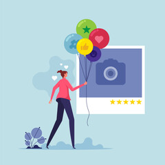 Social media engagement concept, customer feedback review, positive feedback on online ranking, woman carry social feedback elements