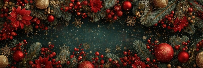 Decorative holiday arrangement with red flowers and golden ornaments on a dark background