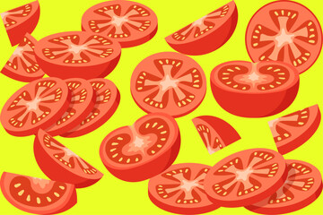 seamless pattern with red tomatoes cut into pieces on a black  background.ai
