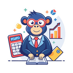 Adorable Monkey Accountant Vector Illustration. Cute Cartoon Primate in Finance Role Using Calculator, Analyzing Charts, Crunching Numbers. Perfect for Business and Finance Designs.