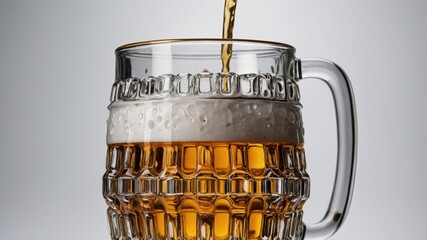 Refreshing beer pouring into vintage glass mug with foam head on white background
