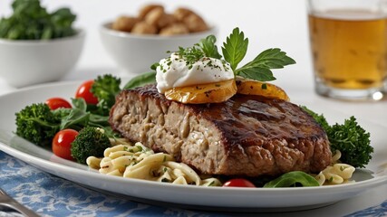 Gourmet steak dinner with pasta, broccoli, and cherry tomatoes topped with herbed yogurt and grilled lemon