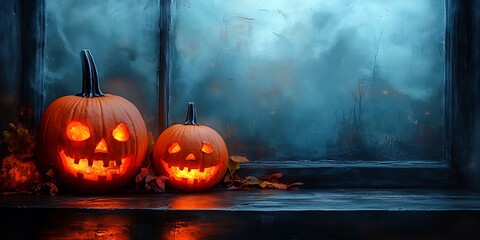 Spooky jack-o'-lantern glowing on a forest floor covered with autumnal leaves brings the magic of Halloween night.