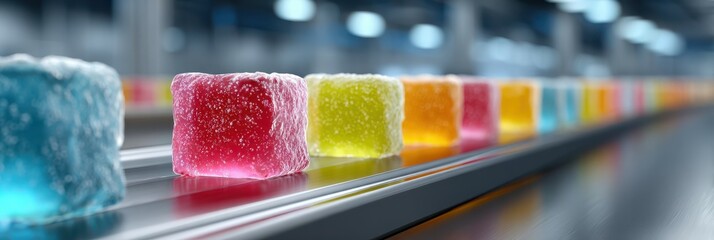 Colorful gelatin cubes moving along a conveyor belt at a candy production facility during daytime
