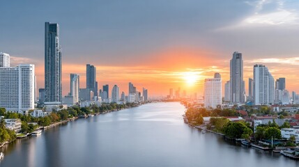 Obraz premium City Skyline at Sunset: A stunning cityscape unfolds along a tranquil river as the sun sets, painting the sky with warm hues and reflecting on the calm water.