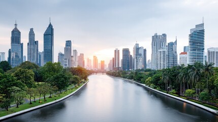 Obraz premium Metropolitan Skyline with River: A sprawling urban skyline, comprised of towering skyscrapers and modern architecture, mirrored on the tranquil surface of a flowing river under a picturesque.