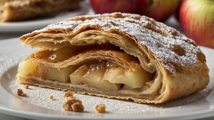 Delicious apple strudel with flaky pastry and powdered sugar on a dessert plate