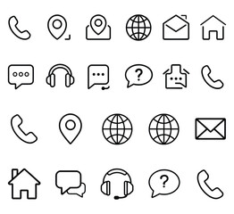 Set of Minimalist Line Icons for Communication, Location, Support, and Contact in Black and White Style