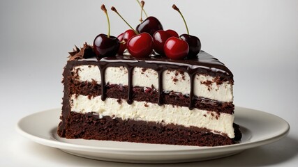 Decadent black forest cake slice with cherries and cream layers