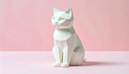Minimalist white polygon cat sculpture with angular design, sitting against a soft pink background.