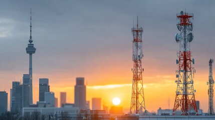 City Skyline at Sunset: The cityscape glows during the sunset, highlighting communication towers and architectural structures.