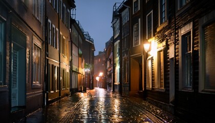 Fototapeta premium back street alley with old city houses in rain at night empty dark alleyway