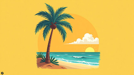 faded yellow summer california features stylized illustration palm tree bright blue sky fluffy