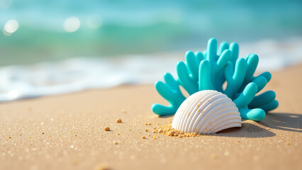 Obraz premium lone white seashell rests patch vibrant blue coral set amidst golden sand soft diffused natural light gentle waves